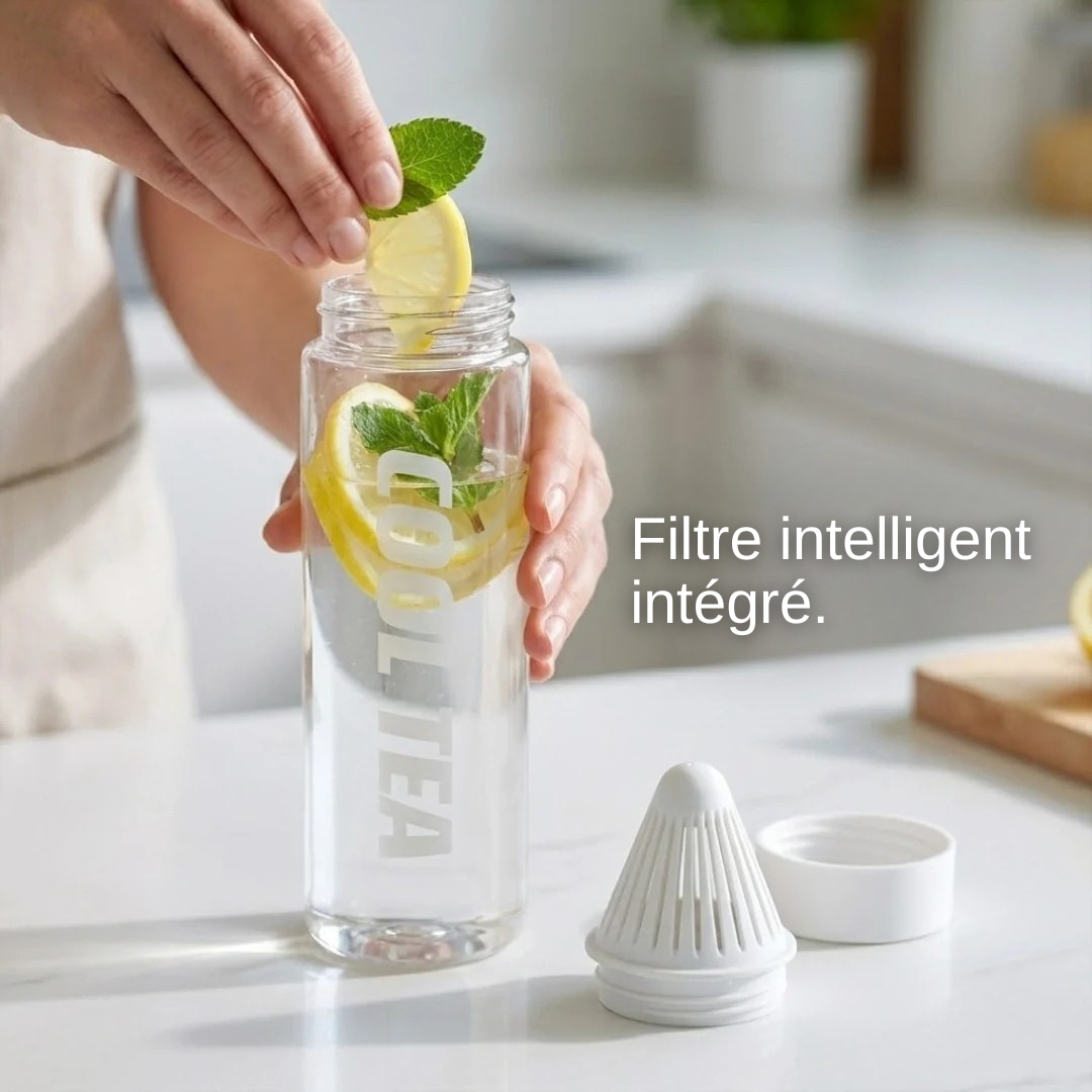 Tragbare Flasche mit integriertem Anti-Rückstandsfilter